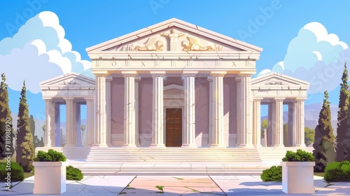 An ancient greek temple with pillars with white marble arches and columns with capitals of the doric style in front of a Roman palace.