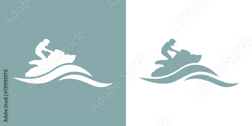 Logo deportes acuáticos. Silueta de hombre montando una moto de agua con olas de mar