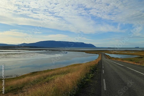 Scenic view of Golden Circle Road along a lake in Iceland on a cloudy day