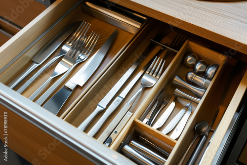 Kitchen drawer tray meticulously arranged with an array of cutlery, knives, and utensils.