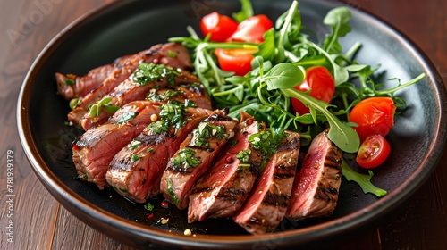 keto diet sliced grilled steak with fresh arugula salad and cherry tomatoes on a dark plate