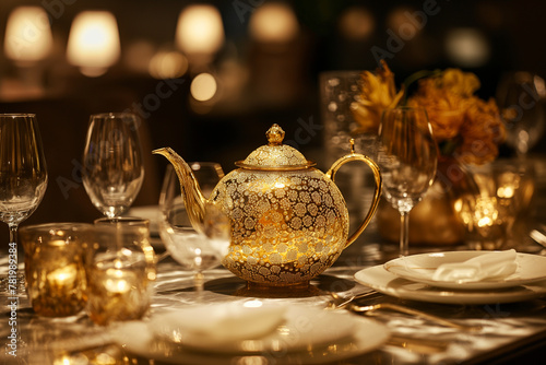 a premium teapot crafted from fine porcelain rests on an intricately designed silver tray on table