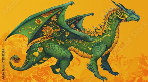 Detailed illustration of an orange background with an illustrated green dragon with floral pattern.