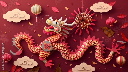 Dragon dance element set isolated on burgundy red background. Including dragon  dragon dance costume  performers  lanterns  fireworks  firecrackers  cloud  and pine leaves bush.