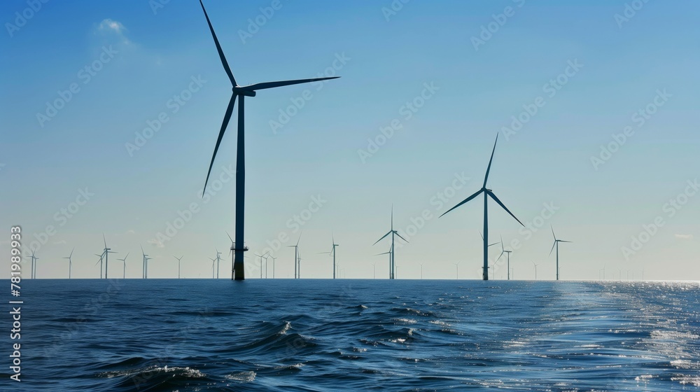 sustainable wind farm against a clear blue sky in ocean setting