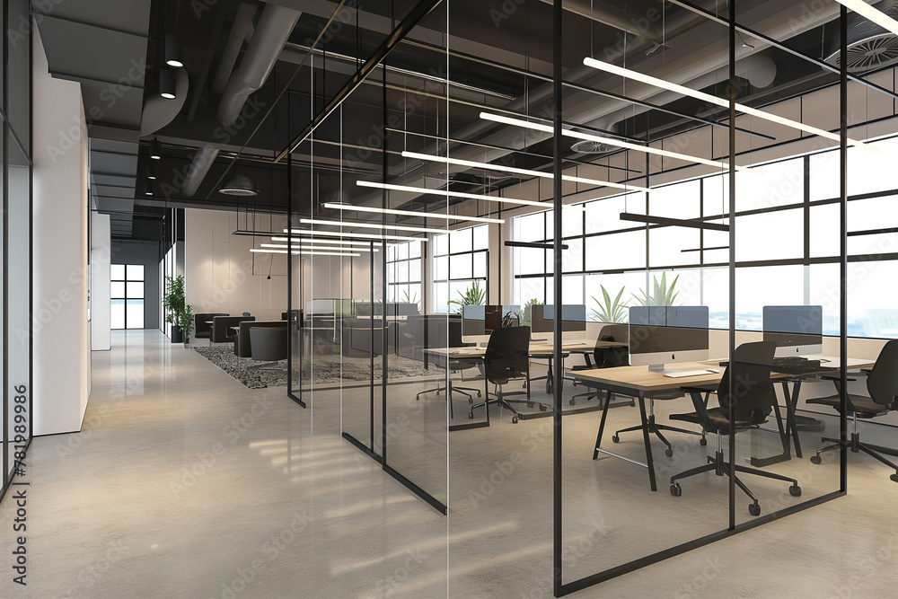 elegance of modern office design with this image, capturing a spacious corporate interior that blends minimalist aesthetics with functional design.