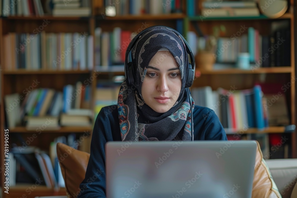 Arab Muslim woman, college student, dressed in a hijab, working on a laptop, sitting in library