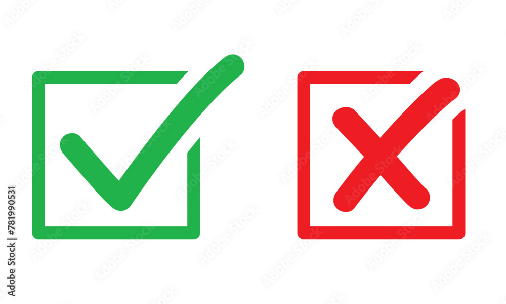Symboles de questionnaire et de sondage : correct et incorrect, cochés validé et refusé, coche cases vrai et faux - VALIDE CARRE DYNAMIQUE V1 - Illustrations vectorielles