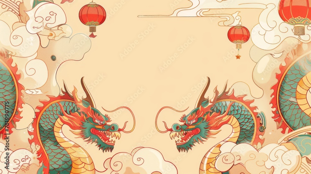 Dragons in line style with traditional doufang on pale yellow background with festive decorations surrounding. Text: Auspicious new year. Spring.