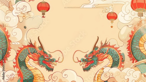 Dragons in line style with traditional doufang on pale yellow background with festive decorations surrounding. Text: Auspicious new year. Spring. photo