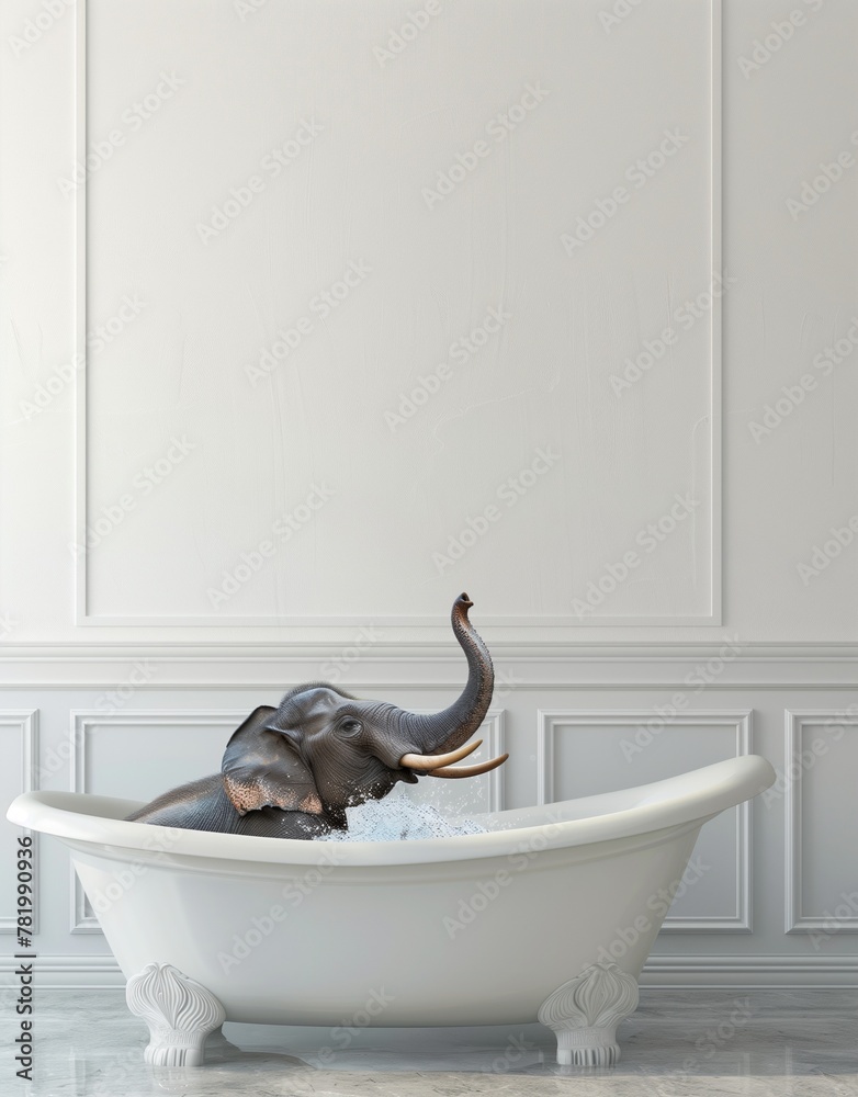 Fototapeta premium A photo of an elephant sitting in the bathtub, splashing water with its trunk. The background is a simple wall with white paneling. The overall mood is humorous and playful