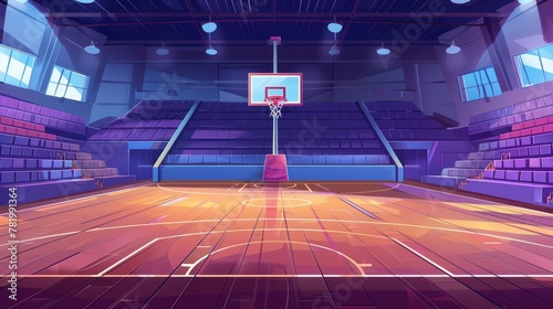 A basketball court with hoop, tribune, and scoreboard. Modern illustration of an empty school gym, a sports ground with wooden floor, and fan seats.
