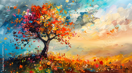 Painting of a tree with colorful flowers in the autumn season. Oil color painting © SHOHIDGraphics