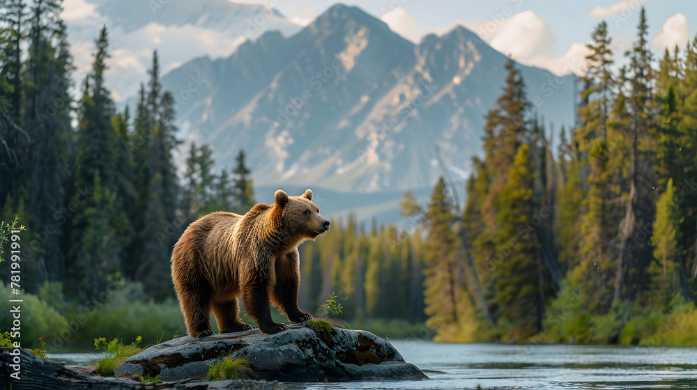 Grizzly bear looks across a rushing mountain river Grizzly bear looks across a rushing mountain river