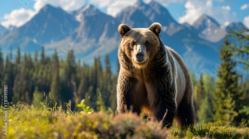 Brown grizzly bear in outdoor natural  forest mountain background  photo