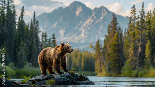 Grizzly bear looks across a rushing mountain river