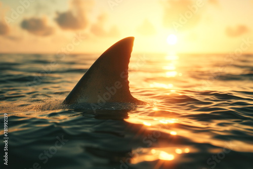 Shark fin sticking out of the water close-up in the ocean or sea against the sunset background 