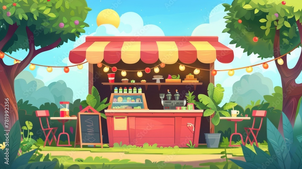 Cartoon modern illustration of an outdoor cafe in a park, stall with street food drinks and snacks, cafeteria with table, chairs, umbrella, plants, lighting garland, menu board, and banner, in the