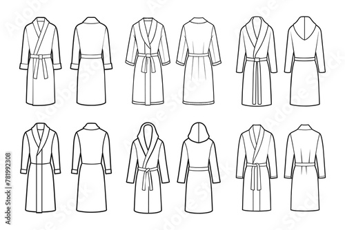Set of bathrobes for men. Front and back views. Hand drawn illustration, sketch. Vector