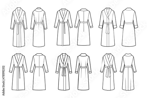 Set of bathrobes for women. Front and back views. Hand drawn illustration  sketch. Vector