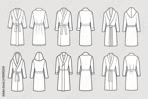 Set of bathrobes for men. Front and back views. Hand drawn illustration  sketch. Vector