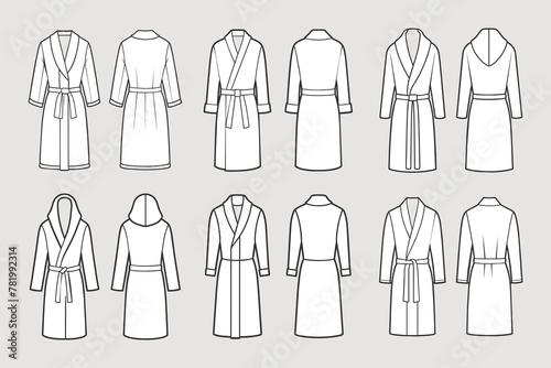Set of bathrobes for men. Front and back views. Hand drawn illustration, sketch. Vector