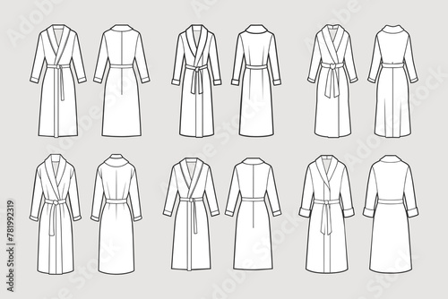 Set of bathrobes for women. Front and back views. Hand drawn illustration, sketch. Vector