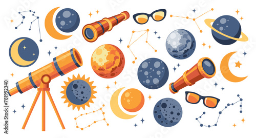 Solar eclipse set. Telescope, spyglass, planets, solar eclipse, moon, glasses. Cute illustration for kids education at school, stickers, scrapbooking, nursery room. Vector