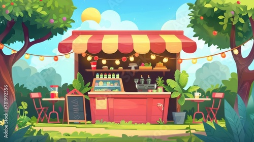 Cartoon modern illustration of an outdoor cafe in a park, stall with street food drinks and snacks, cafeteria with table, chairs, umbrella, plants, lighting garland, menu board, and banner, in the