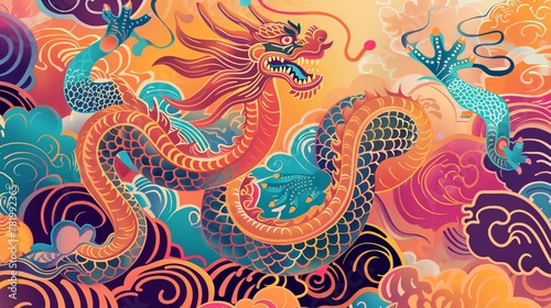An Oriental Dragon pattern on an abstract background for the Chinese New Year. Translation: Dragon brings prosperity.