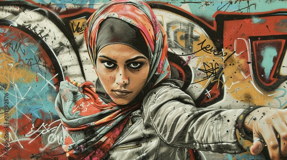 a Portraying a confident Muslim woman in a hijab, surrounded by a fusion of vibrant colors and textures, representing the dynamism and diversity of contemporary modest fashion