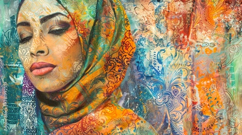 a Portraying a confident Muslim woman in a hijab, surrounded by a fusion of vibrant colors and textures, representing the dynamism and diversity of contemporary modest fashion photo