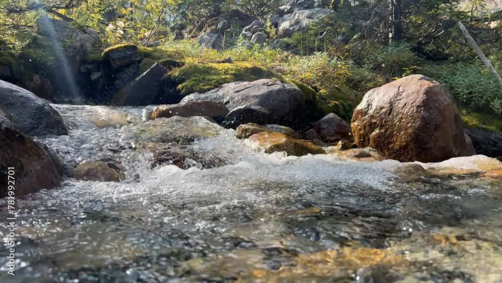 Closeup of the flowing water of a river surrounded by rocks.