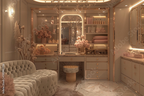 A glamorous dressing room with a makeup station, custom storage, and a mirror photo