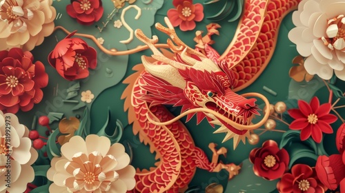 Banner with dragons, floral patterns, and festive decorations in paper art style. Happy New Year! photo