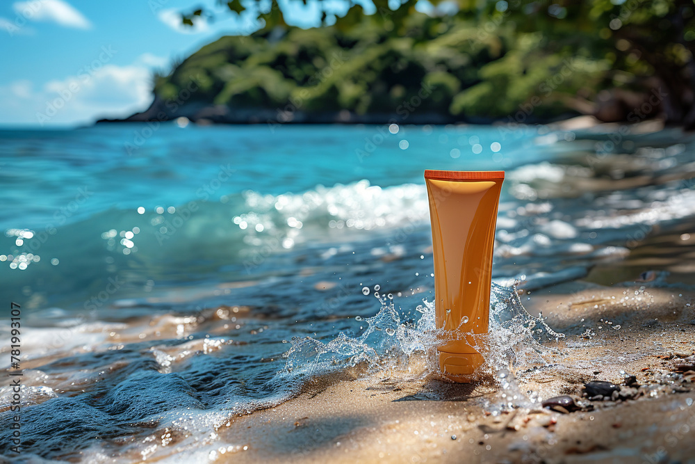 sun protective cosmetic, cream tub, on blue sea and sand background, product design, beauty, side view, mockup sun protective cosmetic, cream tub, on blue sea and sand background, product design, beauty, side view, mockup