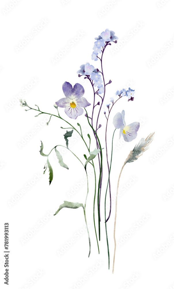 Watercolor Bouquet of Forget-me-nots, Violet Flowers and Leaves. Botanical illustration for invitation and social media.