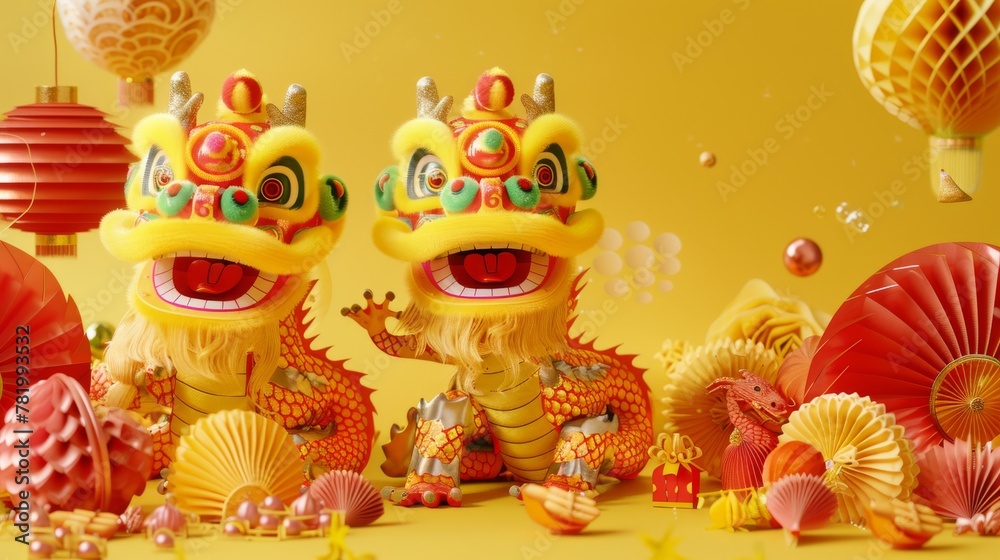 A Chinese fortune stick and dragons are displayed on a yellow background, with a festive decor. The text reads: Happy new year. Draw your own fortune stick.