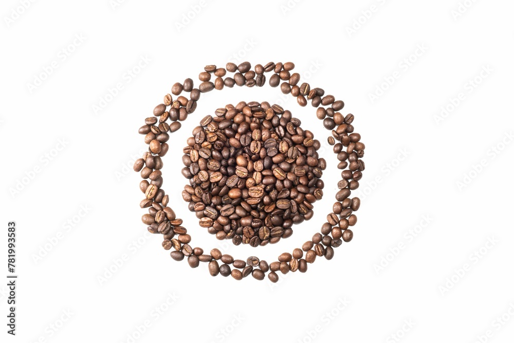 Heap Of Coffee Beans, Round Border From Coffee Beans, Spread On White Background Heap Of Coffee Beans, Round Border From Coffee Beans, Spread On White Background