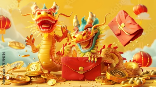 Bringing wealth and treasure, with dragons on a yellow background and coins, gold, and red envelope.