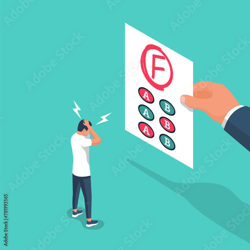 Bad grade student. Failed test. Bad rating. Negative result. Disgruntled caucasian student, disappointed with test with grade F. Vector illustration isometric design. Isolated on a white background.