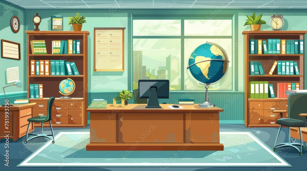 School office interior, empty room with director's table, computer, books, globe, chairs for visitors, bookcases with files, potted plants. Cartoon modern illustration.