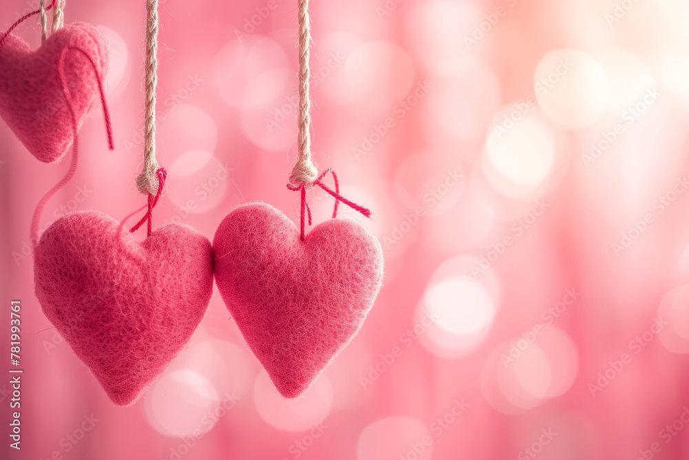 Valentine's Day background with pink hearts hanging on a string close-up with space for text or inscriptions
Valentine's Day background with pink hearts hanging on a string close-up with space for text or inscriptions