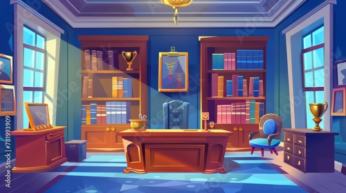 School principal's office with desk, chairs, bookcase, and showcase for sport trophies. Modern cartoon of an empty headmaster cabinet to meet and talk with teachers, pupils and parents. photo