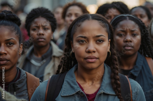 Junge entschlossene afroamerikanische Frau inmitten einer Aktivistengruppe, vereint für sozialen Fortschritt. photo