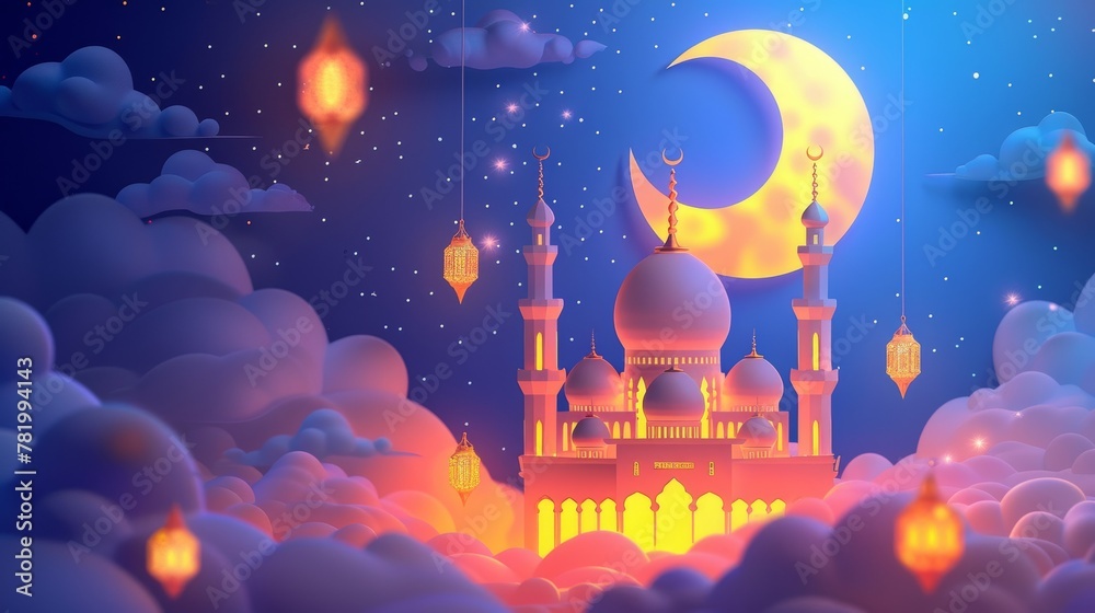 The ramadan lantern features a mosque design with arabesque patterns on a crescent moon in the sky. The ramadan lantern features a mosque design with arabesque patterns on a crescent moon in the sky.