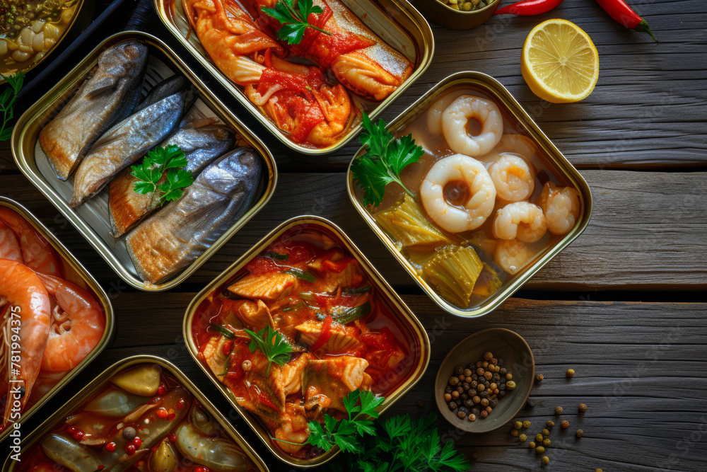 Various delicious canned fish and seafood in aluminum cans top view
