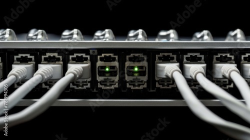 Network cables plugged into ports on the back of a network-attached storage (NAS) device. photo