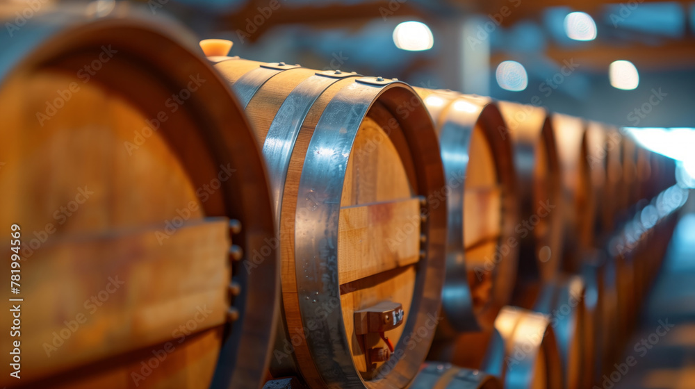 A row of wooden barrels with a black band around the middle. The barrels are stacked in a warehouse. wine aging in oak barrels at an winery