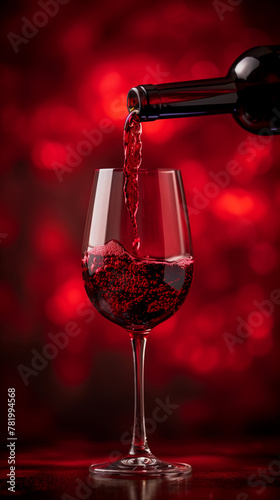 A glass of red wine is poured into a wine glass. Concept of relaxation and enjoyment. wine pours from a bottle into a glass, mockup, photo, minimalism, banner, dark red background